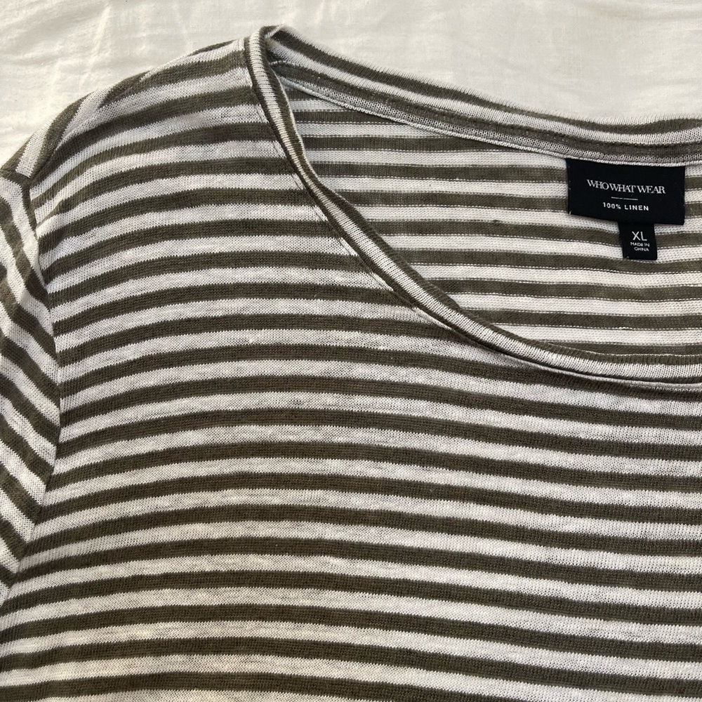 Who What Wear Olive and White Striped Linen Top